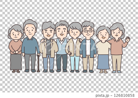 シニア男女8人が仲良く集まるイラスト 126810858