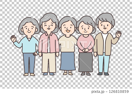 元気なシニア女性5人のグループのイラスト 元気なシニア女性5人のグループのイラスト 126810859