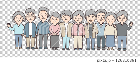 An illustration of 10 senior men and women gathering together An illustration of 10 senior men and women gathering together 126810861