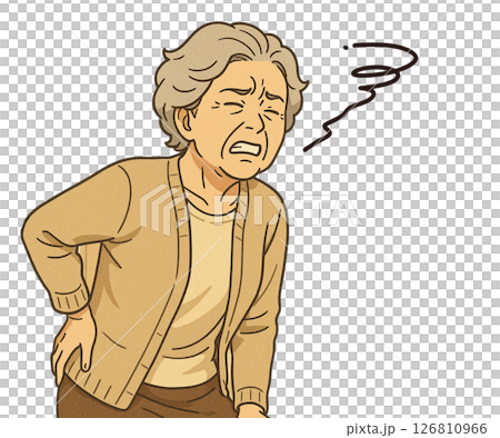腰痛に悩む高齢の女性がつらいと悩んでいる 126810966