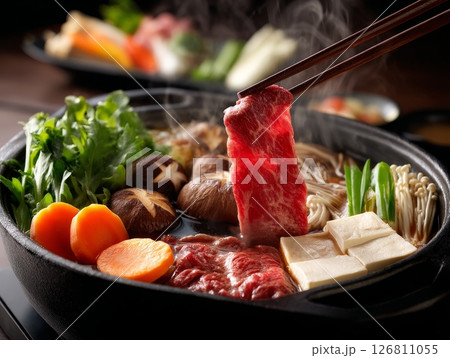 和牛すき焼きを箸で持ち上げる 和牛すき焼きを箸で持ち上げる 126811055