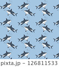 seamless pattern with sharks and fishes,shark and clown fish among seaweed and coral reef repeating pattern vector illustration 126811533