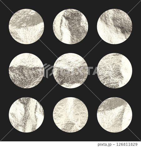 Silver foil, shiny handmade circles. Golden glittering texture, pattern. Luxury shining hand drawn background. Wedding, greeting card decoration elements. Modern minimalist art. Vector illustration 126811829