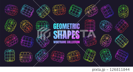 Neon lined wireframe shapes. Perspective mesh, 3d grid. Low poly geometric elements. Retro futuristic design elements, y2k, vaporwave and synthwave style. Vector illustration 126811844