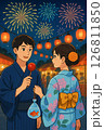 浴衣姿のカップルと夏祭りの夜景 126811850