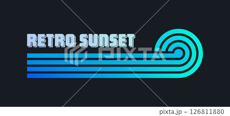 Vintage colorful sunset. Various gradient striped sunrise badges in 80s and 90s style. Sun and ocean view, summer vibes, surfing. Design element for print, logo or t-shirt. Vector illustration 126811880
