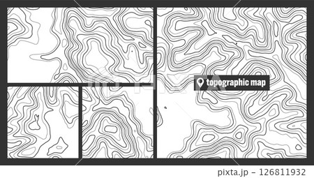 Colorful topographic map sets with contour lines. Geographic terrain grid, relief height elevation. Ground path pattern. Travel and navigation, cartography design element. Vector illustration 126811932