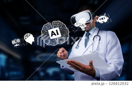 Doctor Using Virtual Reality Technology with Artificial Intelligence Concepts for Future Healthcare Innovations and Digital Health Solutions. PHMT Doctor Using Virtual Reality Technology with Artificial Intelligence Concepts for Future Healthcare Innovations and Digital Health Solutions. PHMT 126812032