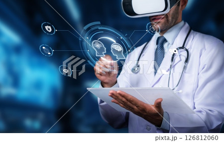 Medical Professional Using Virtual Reality Technology for Patient Treatment and Consultation in Modern Healthcare Environment. PHMT 126812060