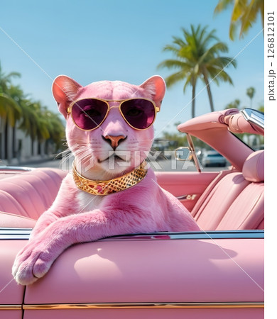 Pink panther in luxury convertible wearing gold sunglasses and stylish outfit 126812101