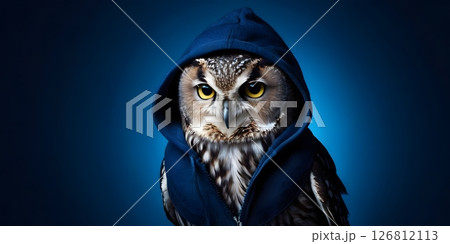 Cute owl in blue hoodie standing on dark background, humorous animal portrait. Cute owl in blue hoodie standing on dark background, humorous animal portrait. 126812113