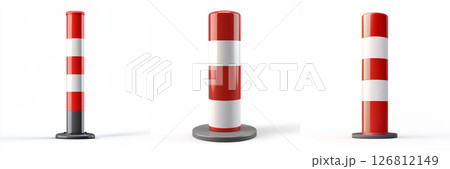 Red and white bollard on white background, ideal for urban settings 126812149