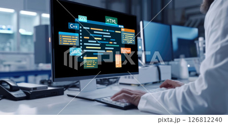 Software development or programming work with coding screen brisk 126812240