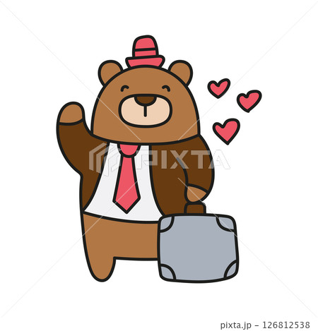 Fathers Day Bear concept. Cheerful bear in a suit with a suitcase and hearts. in color line style Fathers Day Bear concept. Cheerful bear in a suit with a suitcase and hearts. in color line style 126812538