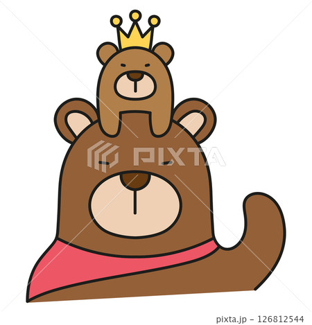 Fathers Day Bear concept. Cute bears with a crown and cape, one atop the other. in color line style Fathers Day Bear concept. Cute bears with a crown and cape, one atop the other. in color line style 126812544