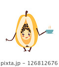 Cute papaya cartoon character with cup of tea,yellow fruit ,Funny mascot of papaya with happy smile vector illustration isolated on transparent background 126812676