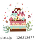 birthday cake with ice cream and summer fruits chocolate cake with icing and melted berry, ice cream,strawberry,kiwi,cherry,sweets, flat vector illustration on white background  126812677