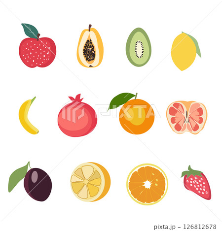 Collection of summer fruits, Colorful fruits and berries: set of Appl,Papaya,kiwi,lemon,banana,pomegranate,orange,red lemon,pulm,strawberry vector illustration isolated on transparent background Collection of summer fruits, Colorful fruits and berries: set of Appl,Papaya,kiwi,lemon,banana,pomegranate,orange,red lemon,pulm,strawberry vector illustration isolated on transparent background 126812678