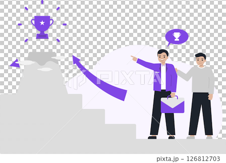 A consultant guiding a client up a staircase towards a trophy, symbolizing strategic mentorship and goal achievement through a professional roadmap. 126812703