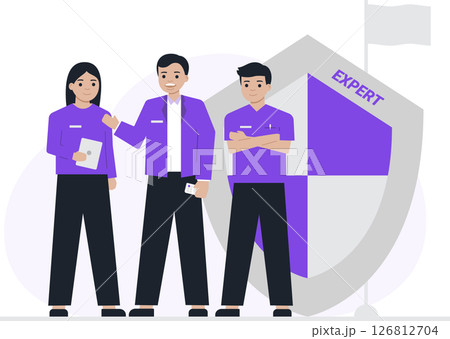 A diverse team of specialist professionals in purple uniforms stands confidently before an Expert shield, symbolizing their specialized expertise and teamwork A diverse team of specialist professionals in purple uniforms stands confidently before an Expert shield, symbolizing their specialized expertise and teamwork 126812704