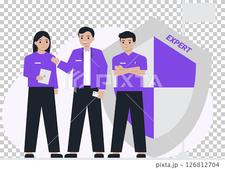 A diverse team of specialist professionals in purple uniforms stands confidently before an Expert shield, symbolizing their specialized expertise and teamwork A diverse team of specialist professionals in purple uniforms stands confidently before an Expert shield, symbolizing their specialized expertise and teamwork 126812704
