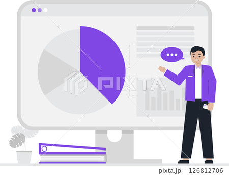 A data specialist presenting analytical insights on a large screen, featuring detailed pie charts and bar graphs, with the individual gesturing confidently while conveying expert analysis. A data specialist presenting analytical insights on a large screen, featuring detailed pie charts and bar graphs, with the individual gesturing confidently while conveying expert analysis. 126812706