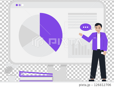 A data specialist presenting analytical insights on a large screen, featuring detailed pie charts and bar graphs, with the individual gesturing confidently while conveying expert analysis. A data specialist presenting analytical insights on a large screen, featuring detailed pie charts and bar graphs, with the individual gesturing confidently while conveying expert analysis. 126812706
