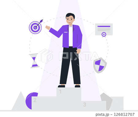 A confident specialist standing at a podium symbolizing success and achievement, surrounded by icons representing skills, goals, and time management in modern flat design style. A confident specialist standing at a podium symbolizing success and achievement, surrounded by icons representing skills, goals, and time management in modern flat design style. 126812707