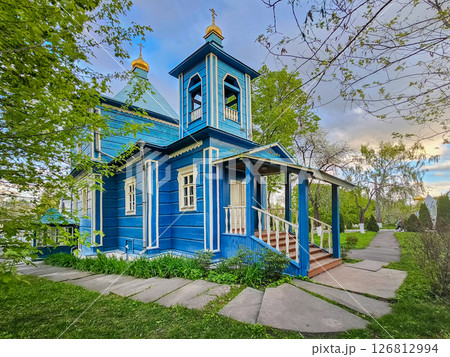 Ancient blue wooden Church of St. Peter and Paul 126812994
