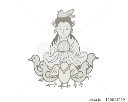 ガチョウに乗る月天菩薩の像のイラスト 126813029