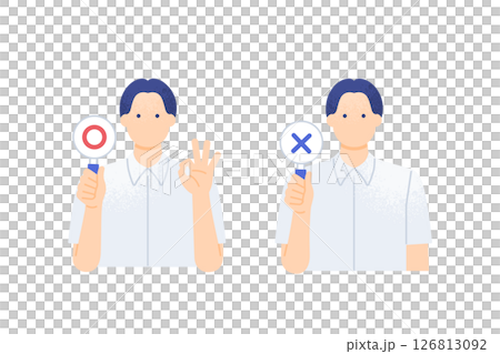 夏服を着た男子学生がマルとバツ札を掲げる 男性の上半身ベクターイラスト素材 126813092