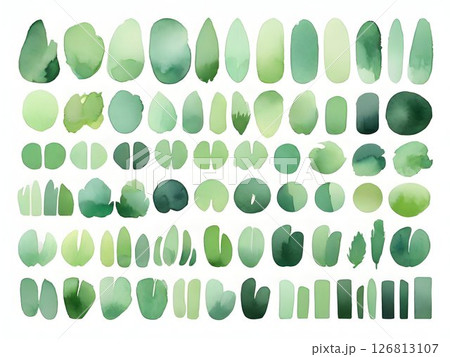 Green palette, Large collection of watercolor paint swatches forming a gradient, ideal for graphic design projects needing a touch of elegance and sophistication 126813107