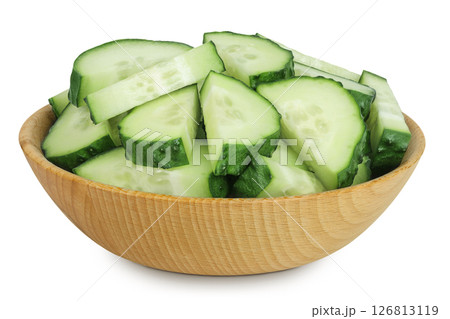 Sliced cucumber in wooden bowl isolated on white background with full depth of field Sliced cucumber in wooden bowl isolated on white background with full depth of field 126813119