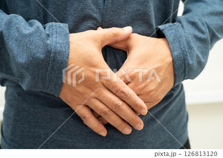 Hernia, Asian man stomach ache, abdominal pain and urology problem health. Hernia, Asian man stomach ache, abdominal pain and urology problem health. 126813120