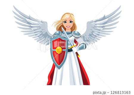 Cute woman Angel's with open wings, shield and sword, Valkyrie, Illustration of a winged female angel figure with flowing hair and sword 126813163