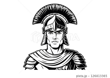 Black and white roman centurion,  Portrait of a Roman soldier in a helmet with crest, Roman legionary soldier 126813365