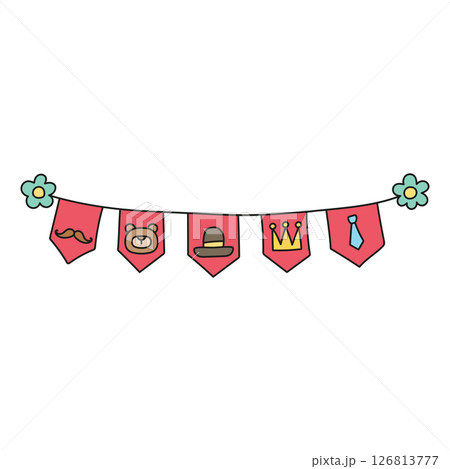 Fathers Day Bear concept. Colorful banner with playful icons and flower accents. in color line style Fathers Day Bear concept. Colorful banner with playful icons and flower accents. in color line style 126813777