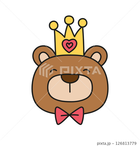 Fathers Day Bear concept. Cute bear illustration with a crown and bow tie. in color line style 126813779