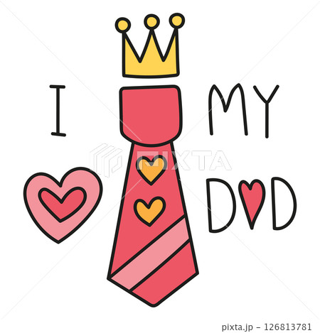 Fathers Day Bear concept. I love my dad design with a tie and crown illustration. in color line style 126813781