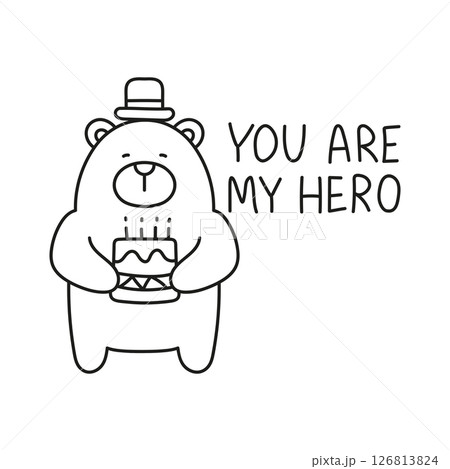 Fathers Day Bear concept. Cute bear holding a cake with a heartfelt message. in thin line style Fathers Day Bear concept. Cute bear holding a cake with a heartfelt message. in thin line style 126813824