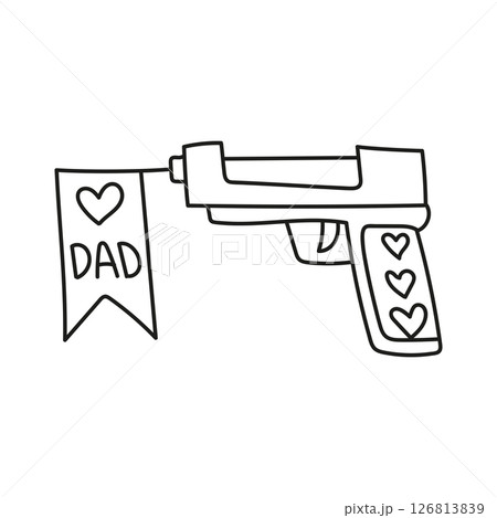 Fathers Day Bear concept. Illustration of a playful toy gun with a "Dad" banner. in thin line style 126813839