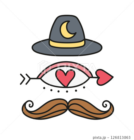 Fathers Day Bear concept. Playful illustration featuring a hat, eye, heart, and mustache. in color line style 126813863