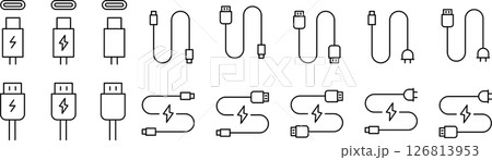 ケーブルと充電の線画アイコンセット 126813953