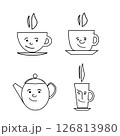 Cute Smiling Tea Cups and Teapot Hand Drawn Vector Line Icons, Set cup of coffee silhouette 126813980