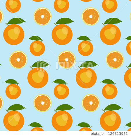 seamless pattern with oranges on sky-blue background 126813981