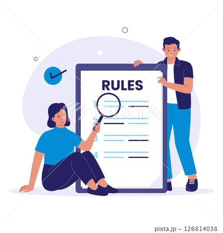 Rules Concept Illustration with People Reading and Analyzing Guidelines Document 126814038