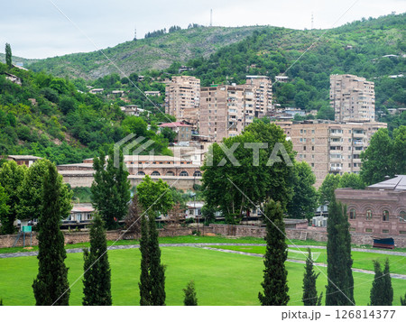 green field of Gandzasar stadium in Kapan town 126814377