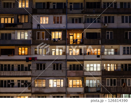 facade of illuminated apartment building in Kapan 126814390