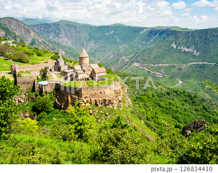 above view of Tatev Monastery over green gorge above view of Tatev Monastery over green gorge 126814410