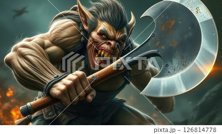 A troll with an axe in his hands. An attacking evil troll with a large rounded axe. 126814778